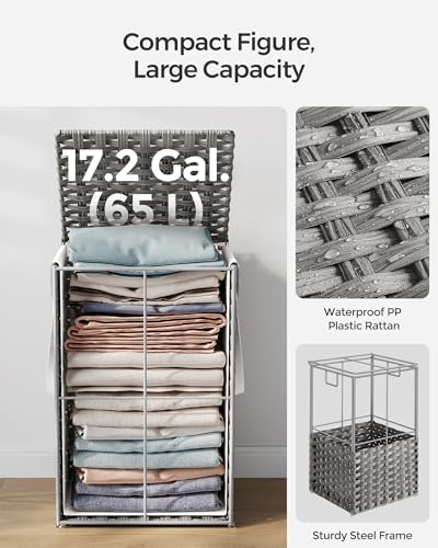 SONGMICS Laundry Hamper with Lid, 17.2 Gallon (65 L) Synthetic Rattan Clothes Laundry Basket with Lid and Handles, Foldable, Removable Liner, Dove Gray ULCB165G01 - Image 5