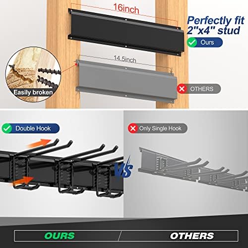 Sttoraboks Garage Tool Storage Rack, Heavy Duty Garage Storage Organizer Rack System Wall Mounted Tool with 12 double hooks, 4 rails Garden Tool Rack - Image 3