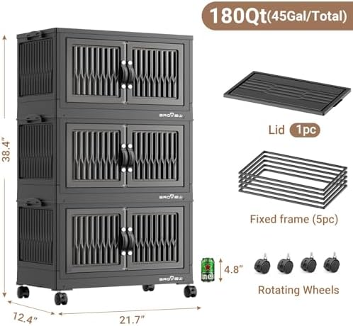 BROVIEW 180Qt Stackable Storage Bins with Lid, Extra Large Closet Organizer Collapsible Drawer Boxes with Wheels, Folding Plastic Cabinet Containers for Home Kitchen Room Organization, 3Pack Black - Image 2