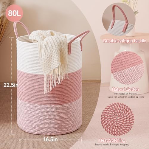 CLHMILY&Z 80L Laundry Basket Round Storage Rope Basket - 16.5x22.5 Inches - Pink Hamper in Bedreoom and Cute Storage Bin for Blankets, Toys, and Nursery Essentials - Image 4