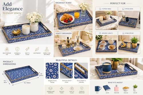 Decorative 3pcs Tray Set with Gold Handles, Elegant Luxury Style, for Living Room, Kitchen and Vanity. (Mosaic Blue Design) - Image 6
