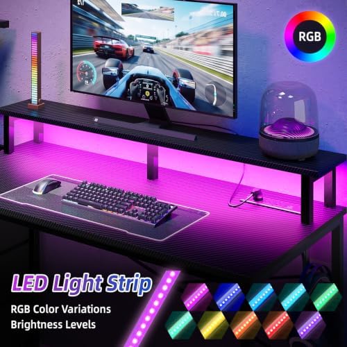 SUPERLELE Gaming Desk with Power Outlet, LED Lights, Storage Shelf & Drawer - Image 4