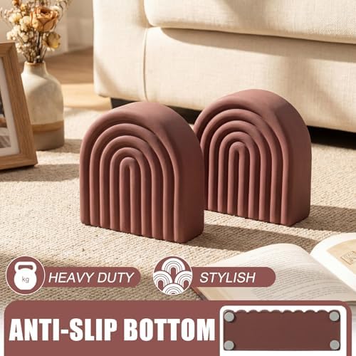 Brown 2 Pcs Boho Arch Concrete Bookends for Shelves, Rainbow - Image 5