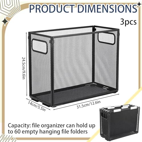 Zhengmy 2 Pcs Hanging File Organizer Letter Size File Holder Metal Mesh Filing Box Desktop Folder Letter Storage Cabinets Magazine Holder with Handles for Home Office School Document (Black) - Image 2
