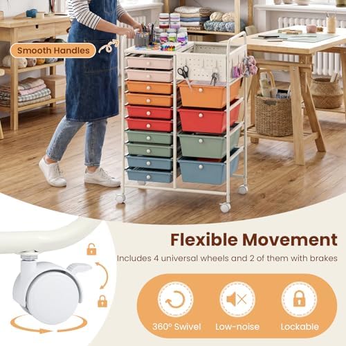 Giantex 14 Drawer Storage Cart, Rolling Craft Cart with Metal Tabletop & Pegboard, Mobile Utility Organizer Trolley with Locking Wheels, Home Office, Macaron Multicolor - Image 7