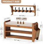 PETKABOO 31.5" Bamboo Shoe Rack Bench with Coat Rack, 3-Tier Entryway Bench with Thick Cushion, Flip-Top & Side Baskets, Holds Up to 550 LBS for Hallway, Living Room, Bedroom - Image 2