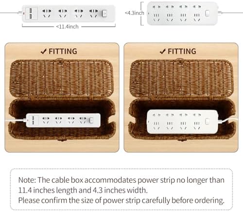 Cable Management Box, Desk Handwoven Rattan Cord Hider Cable Organizer Box With Lid Button Lock, Power Strip Cover Wicker Decorative Basket, Floor Wire Hiding Extension Cord Box (dark brown) - Image 5