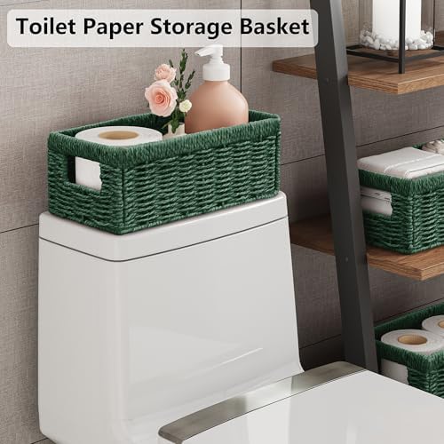 Vagusicc Wicker Storage Basket, Set of 2 Hand Woven Wicker Baskets for Organizing with Handles, Decorative Small Storage Bins for Countertop Toilet Paper Basket for Toilet Tank Top Shelves, Green - Image 3