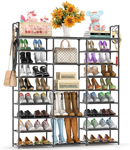 Kottwca Shoe Rack Organizer, Large Shoe Rack for Entryway Closet, Metal Shoe Shelf for Shoes and Boots, Big Non-Woven Fabric Shoe Storage Organizer with Hooks for Cloakroom, Black… by Kottwca