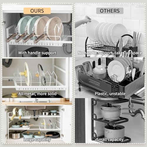 Pots and Pans Organizer Under Cabinet, Expandable Pots Organizers Inside Cabinet, Adjustable Height Under Sink Shelf 2 Tier with 10 Dividers Under Cabinet Shelf, Pot and Pan Lid Holder Rack (White) - Image 4