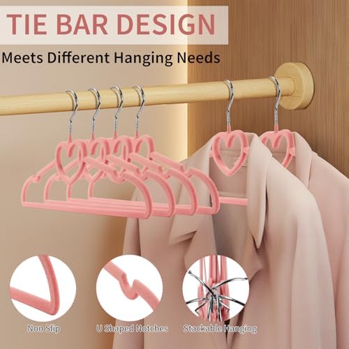 50 Pack Velvet Pink Hangers, Cute Heart Clothes Hangers with 360 Degree Swivel Hook, Non-Slip Thin Felt Hanger for Adult, Coat, Dress, Shirt, Jacket, Pants in Closet - Image 3