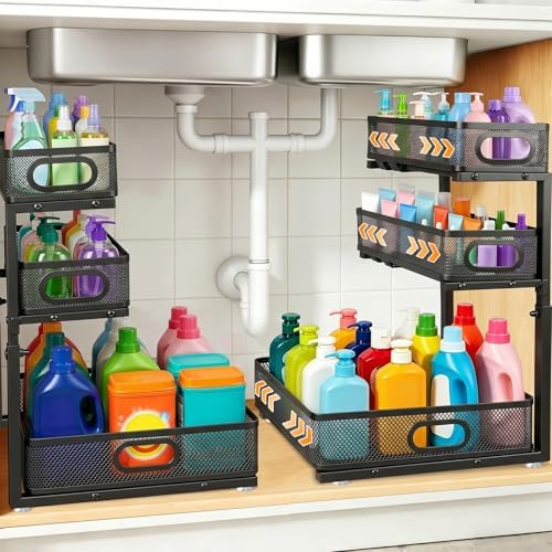 3 Tier Adjustable Under Sink Organizer for Bathroom & Kitchen(2Pack, Black) by OFBIC
