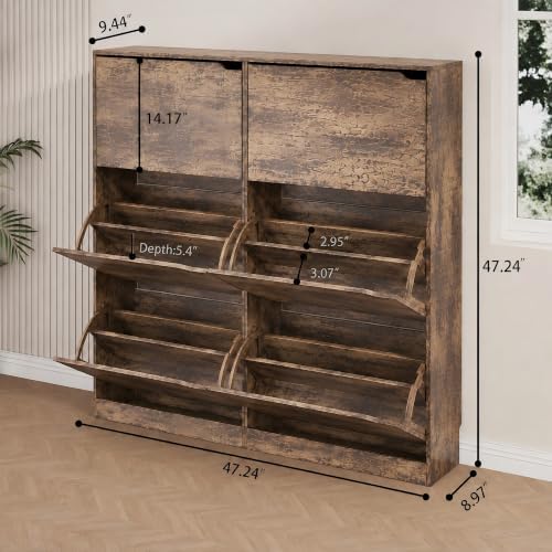 Shoe Storage Cabinet, Wood Shoe Organizer for Entryway with 3 Flip Drawers, Freestanding Shoe Rack with Adjustable Shelf, Narrow Shoe Dresser for Front Door Entrance (Brown, Regular 6 Drawers) - Image 2