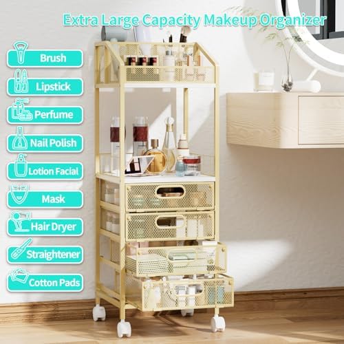 HapiRm Makeup Organizer Storage Cart - Floor Skincare Make Up Storage with 4 Drawers, Rolling Makeup Cart Vanity Organizer Cosmetics Display Cases Holder for Skin Care Perfume Nail Polish, Gold - Image 4