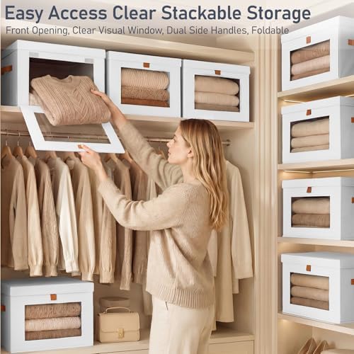 DIMJ Storage Bins with Lids - 4 Pack Front Opening Stackable Fabric Storage Boxes with Clear Window & Handles, Collapsible Closet Organizers for Clothes, Sweaters, Shelf Storage, Bedroom, White - Image 2