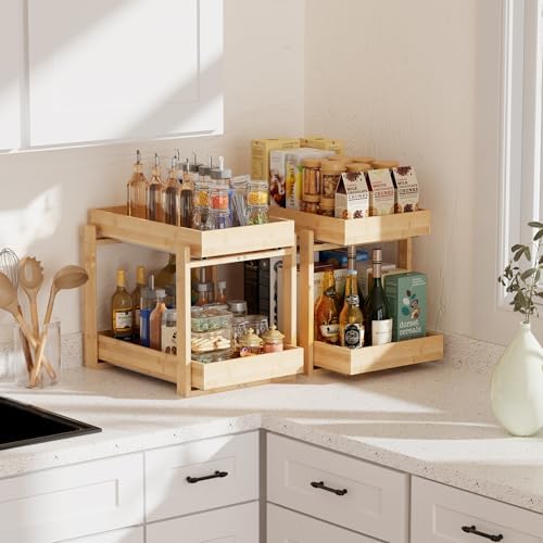 APRTAT 2 Pack Bamboo Under Sink Organizer, 2-Tier Pull Out Storage Drawers - Image 2
