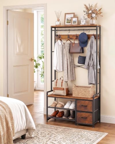 Faesun Hall Tree with Bench and Shoe Storage, Rustic Brown - Image 2