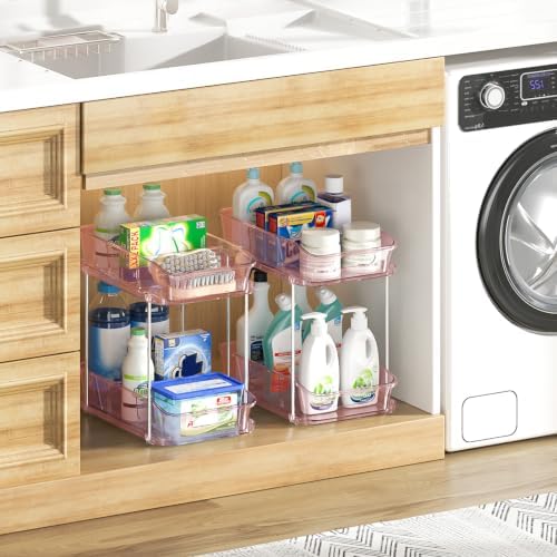 Delamu 2-Tier Under Sink Organizers and Storage, Multi-Purpose Stackable Bathroom Cabinet organizers, Pull Out Kitchen Pantry Organization and Storage with Dividers(2 Pack, Pink) - Image 7