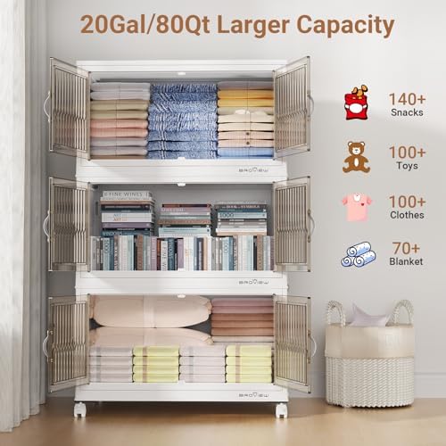 BROVIEW 400Qt Stackable Storage Bins with Lid, Extra Large Closet Organizer Collapsible Drawer Boxes with Wheels, Folding Plastic Cabinet Containers for Home Kitchen Room Organization, 5Pack White - Image 4