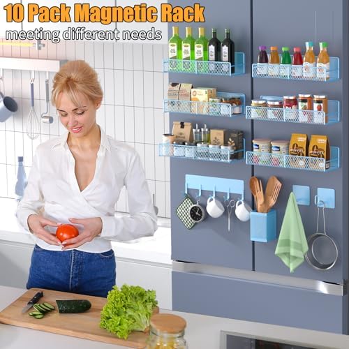 Magnetic Spice Rack for Refrigerator, 10 Pack Metal Magnetic Shelf, Moveable Spice Organizer with Hook Rack, Paper Towel Holder, Kitchenware Holder, Strong Magnetic Storage Fridge Organizer Blue - Image 6