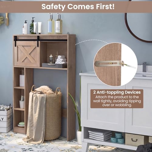 GIANTEX Over The Toilet Storage Cabinet - Freestanding Bathroom Organizer with Sliding Barn Door & Storage Shelves, Multifunctional Bathroom Toilet Rack for Bathroom, Restroom, Laundry (Rustic Brown) - Image 7