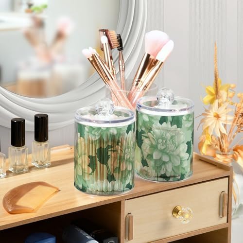 Fustylead 4 Pack Beautiful Light Green Dahlia Qtip Holder Dispensers, Plastic Apothecary Jar Bathroom Accessories Set for Cotton Ball, Swab, Round Pads, Floss - Image 5