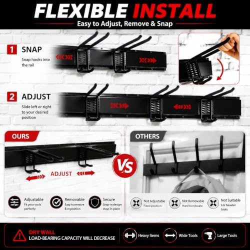 64 Inches Garage Tool Organizer Wall Mount, Tool Storage Rack Wall Mount, Heavy Duty Garden Wall Organizer System for Yard, garage and Shed, Tool Holder for Hanging Rake Snowboard Broom Mop - Image 4