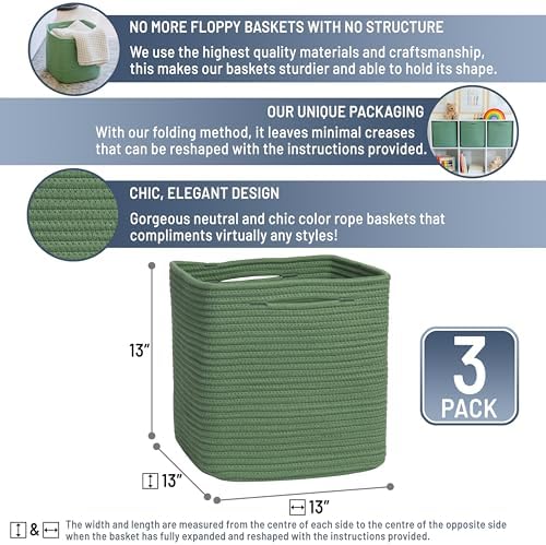 NaturalCozy 13 Inch Cube Storage Bins Cotton Rope Woven Baskets for Organizing 3-Pack | 13 x 13 Storage Cubes | Fabric Square Storage Baskets for Shelves Organizer, Kids Toy Bins, Closet Baby Nursery - Image 2