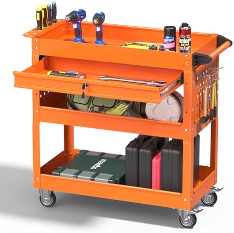 3 Tray Rolling Tool Cart with Drawers, 400 LBS Capacity Mechanic Tool Cart on Wheels, Heavy Duty Utility Cart with Pegboard, Tool Storage Cart for Garage and Repair Shop, Orange by Pelnuies