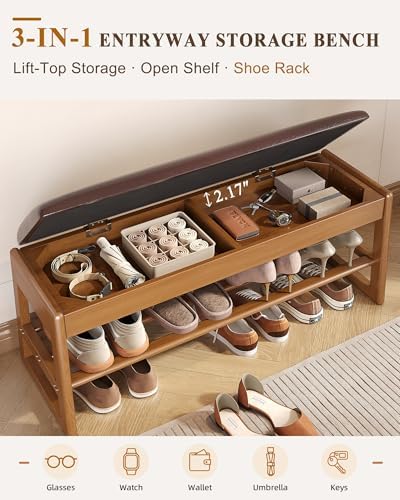 Shoe Rack Bench with Hidden Storage, 2‑Tier Solid Rubberwood Entryway Bench - Image 6