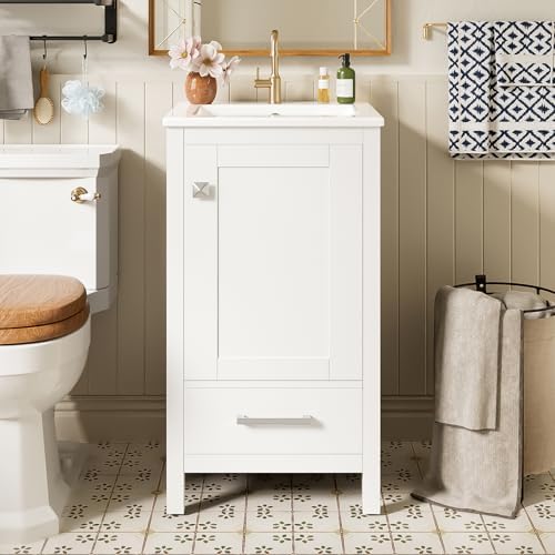 Harper & Bright Designs 18" Bathroom Vanity with Sink, Free Standing Single Vanity Set with One Divider Drawer, and Door Storage Shelf, Wooden Storage Cabinet with Ceramic Basin for Bathroom, White - Image 3