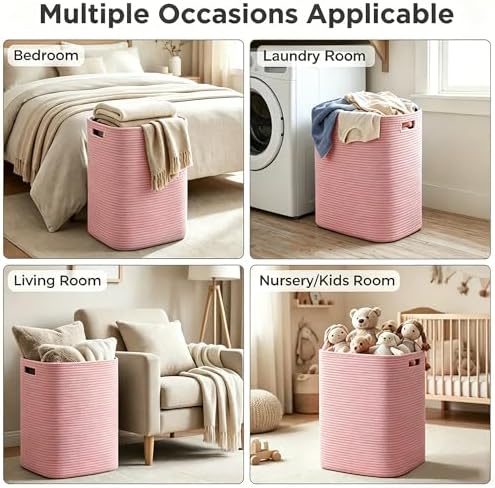 MEGASKET Large Laundry Hamper 16"x13"x22" - Tall Woven Laundry Basket, Cotton Rope Dirty Clothes Hamper, Baby Kids Nursery Wicker Laundry Basket, Bedroom Aesthetic, Soft Laundry Bin, Pink Hamper, 75L - Image 7