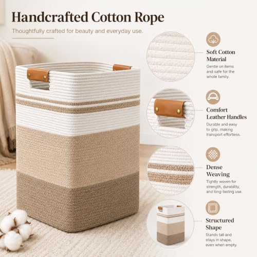 Laundry Hamper, Cotton Rope Laundry Basket with Leather Handles, 25.1-Gallon/95 L Large Clothes Hampers for Laundry, Woven Laundry Baskets for Blankets, Clothing, Bedroom, Living Room, Nursery - Image 6