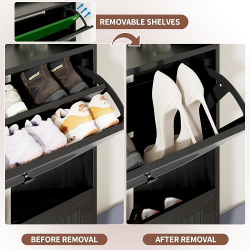 Shoe Cabinet with Bench, 4‑Flip Drawer Fluted Shoe Storage Cabinet with Removable Adjustable Shelves, Side Hooks & Anti‑Tip Device, Freestanding Entryway Shoe Organizer for Hallway, Black - Image 4