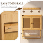 AmazerBath Bathroom Wall Cabinets, Bamboo Medicine Cabinet with Rattan Door, Large Over The Toilet Storage Cabinet with Towel Bar, Wall Mounted Cabinet with Adjustable Shelves for Small Spaces - Image 5