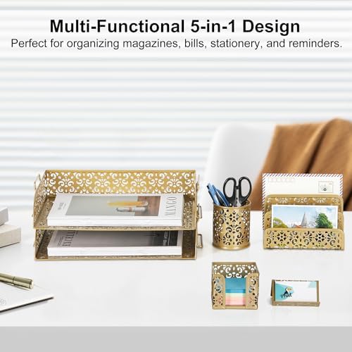 EasyPAG Desk Organizers and Accessories 5 Pieces Office Supplies Set - 2 Tier Paper Tray, Pencil Organizer for Desk, Mail Sorter Countertop, Business Card Holder and Sticky Note Holder, Gold - Image 2