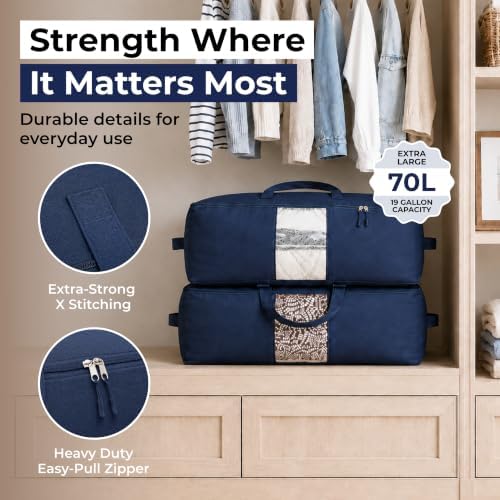Soft Canvas Storage Bags with Zipper. Thick Breathable, 2pc King/Queen Comforter Organizer. Four Carrying Handles and Window. Large 25x19x9in Bag for Sheets Blankets Bedding Pillows, Clothes (Blue) - Image 3