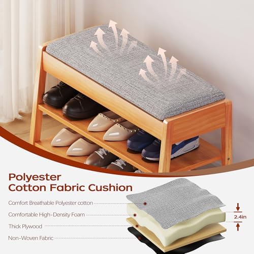 PARTPHONER Shoe Rack Bench with Storage, 2-Tier Solid Wood Entryway Bench with Cotton-Linen Cushion, Multipurpose Storage Organizer Bench for Bedroom, Hallway, Living Room, 31.5” - Image 3