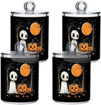 Fustylead 4 Pack Happy Halloween Skull Ghost Pumpkin on Black Background Plastic Apothecary Jar Set for Cotton Swab, Ball, Pad, Floss, Qtip Holder Dispensers for Bathroom Storage Organizer by Fustylead