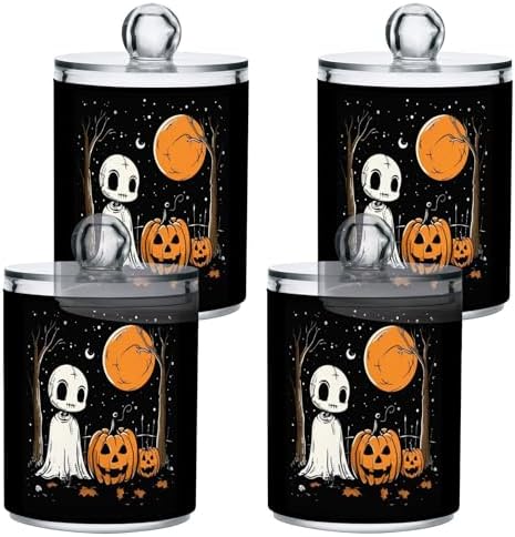 Fustylead 4 Pack Happy Halloween Skull Ghost Pumpkin on Black Background Plastic Apothecary Jar Set for Cotton Swab, Ball, Pad, Floss, Qtip Holder Dispensers for Bathroom Storage Organizer by Fustylead