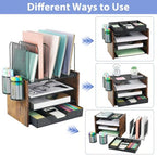 AUPSEN Desk Organizer with 5 Vertical File Holders, Storage Drawer & 2 Pen Holders, 5 Trays Paper Letter Tray Organizer, Mesh Desk Organizers and Accessories for Home Office (Vintage wood) - Image 3