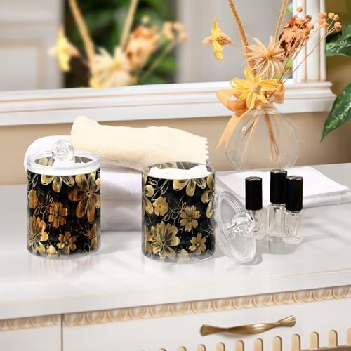 Fustylead 4 Pack Black and Gold Floral Qtip Holder Dispensers for Cotton Swab, Ball, Round Pads, Floss, Plastic Apothecary Jar Set for Bathroom Canister Storage - Image 6