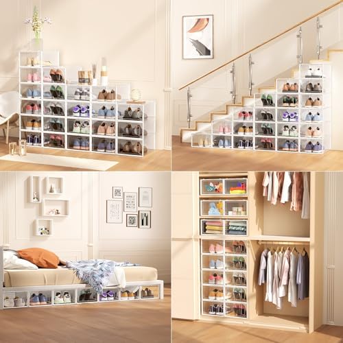 12 Pack Large Shoe Organizer Storage Boxes for Closet, Modular Space Saving Shoe Boxes Clear Plastic Stackable Sneaker Containers Display Case with Lid, Pearl White - Image 6