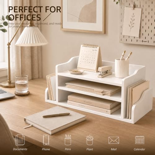Wood Desk Organizer: File Organizer with 3-Tier Shelf for Office Desk,White - Image 4