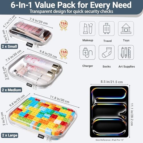 YQBRAO Clear Hard Shell Zipper Cases, 6 Multi-Size Organizers, Grey - Image 4