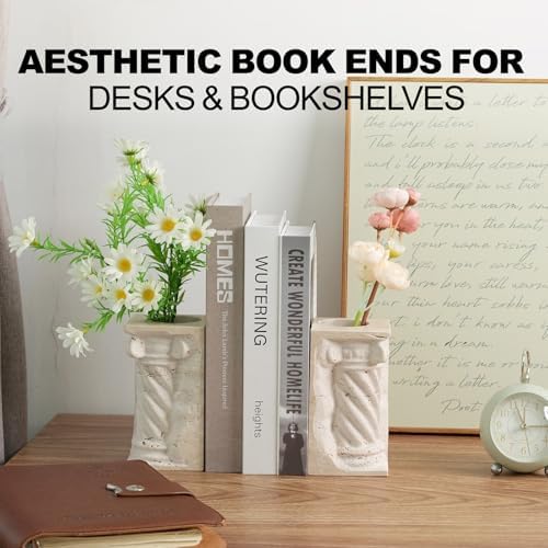 Roman Column Book Ends Decorative, 4-in-1 Heavy Duty Marble Bookend for Shelves, Unique Pen Holder & Mini Flower Vase, Classic Greek Statue for Office Home Desk Decor (2PC, Beige) - Image 5