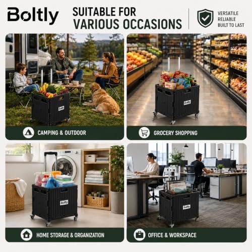 Folding Utility Cart Portable Rolling Crate Handcart Shopping Trolley Collapsible Tool Box, with Lid, Basket on 4 Rotating Wheels, for Grocery, Garden, Office, Storage, Teacher, Tool (Black) - Image 6