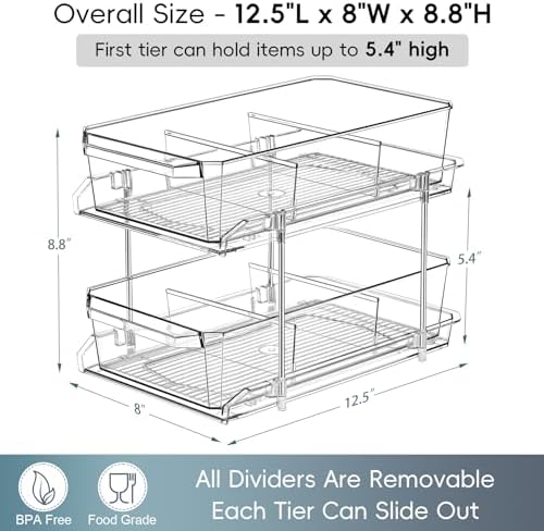 2 Set, 2 Tier Clear Organizer with Dividers for Cabinet, Shlef, Counter - MultiUse Slide-Out Storage Container - Kitchen, Pantry, Medicine Cupboard Bins, Bathroom, Vanity Makeup, Under Sink Organizing - Image 2