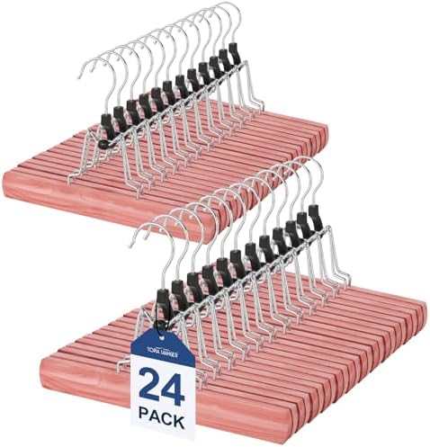 TOPIA HANGER 24 Pack Cedar Pants Hangers, Hair Extension Hangers Non Slip Skirt Hanger Wood Clamp with Velvet Padded 360° Swivel Hook for Jeans, Skirts, Trousers, Wigs CT68C by TOPIAHANGER