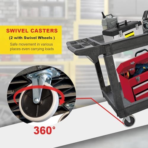 Utility Service Cart, 2-Shelf 500LBS Heavy Duty Plastic Rolling Utility Cart with 360° Swivel Wheels, Lipped Shelves, Ergonomic Storage Handle for Warehouse/Garage/Cleaning/Manufacturing - Image 6